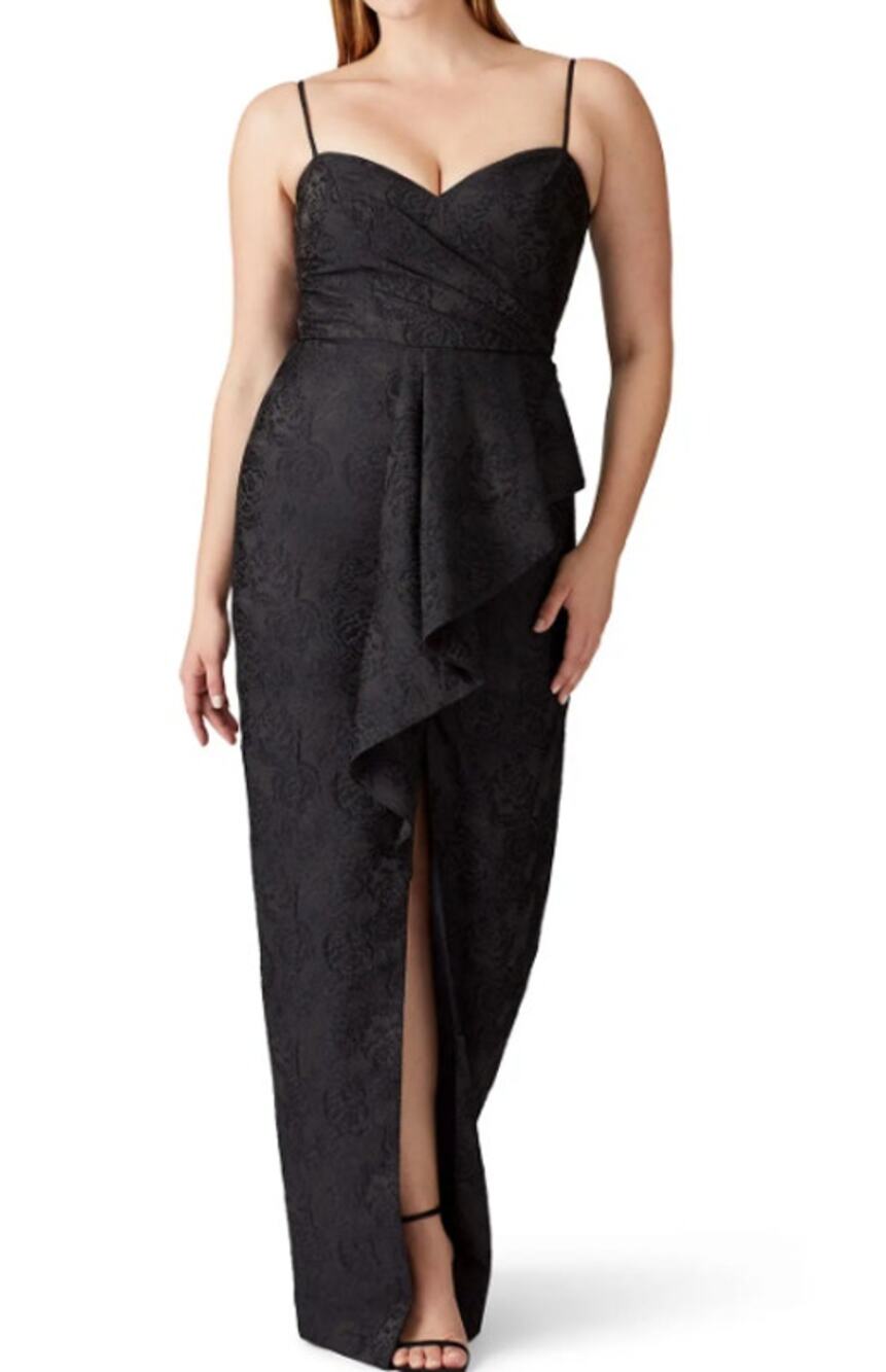 THEIA Sweetheart Neckline Gown Jacquard Ruffle Spaghetti Strap Formal Maxi Dress